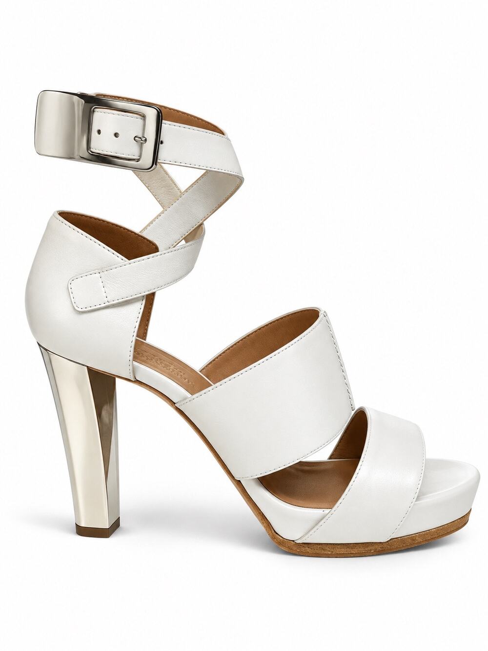HERMÈS White Leather Platform Sandals Metallic Block Heels Buckle Size 36